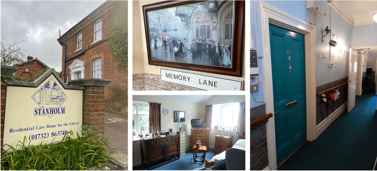 1. Entrance sign to Stanholm 2. One of the named corridors, “Memory Lane” 3.A resident’s room personalised with their own furniture and belongings 4. Corridor and door uniquely decorated