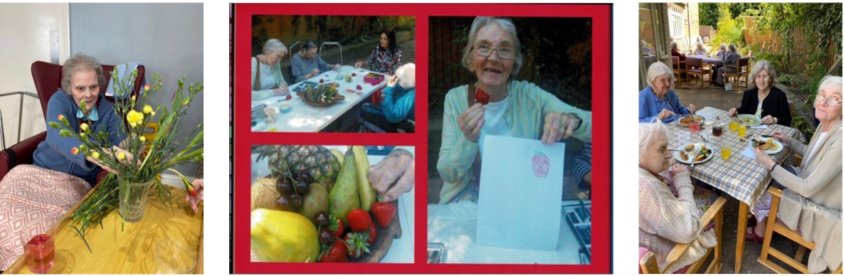 1. Another resident having fun arranging her flowers 2. Some residents drawing fruit then eating it 3. Residents enjoying an al fresco meal in the courtyard
