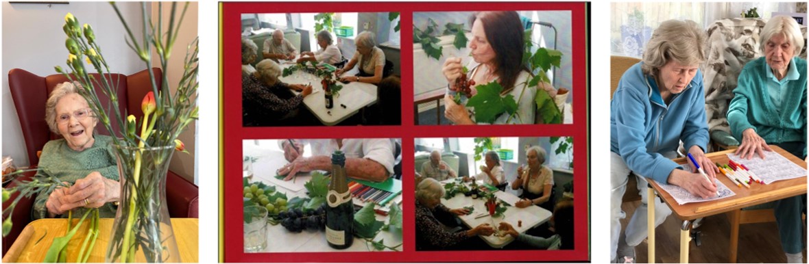 1. Resident enjoying a flower arranging session 2. Some residents enjoying a glass of wine while drawing grapes 3. Two residents working together in a drawing class 4. Another resident having fun arranging her flowers